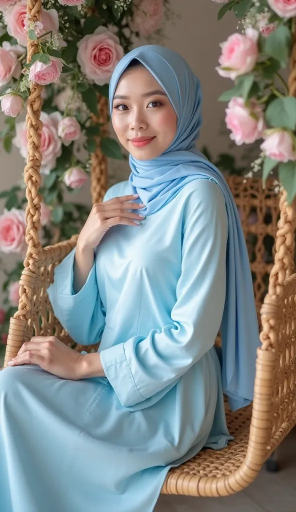 A graceful young woman wearing a light blue Facebook motif hijab and a plain light blue color dress dress She has a soft expression with a confident look, smooth skin, and natural makeup.sitting on hanging swing made of rattan in decorated flowers around h...