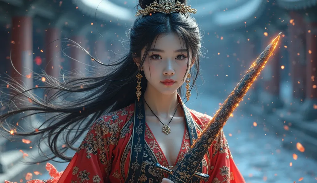 (((1 girl))) , (((Topless photos of beautiful girls))) , Most beautiful girl, Ancient Chinese girl were about 15-20 years old and an assertive beauty, Sweet, elegant ,full body ,large breasts, young, black hair, holding a black and gold glowing katana grea...