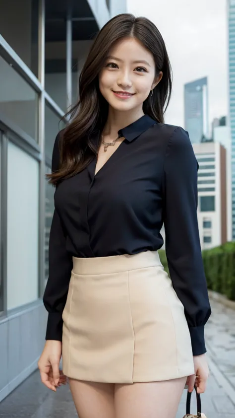 masterpiece, best quality, 1 girl,  sexy blouse,  Sexy Miniskirt 、the way, wet hair, provocative look, City , high detail、Skyscrapers、smile、