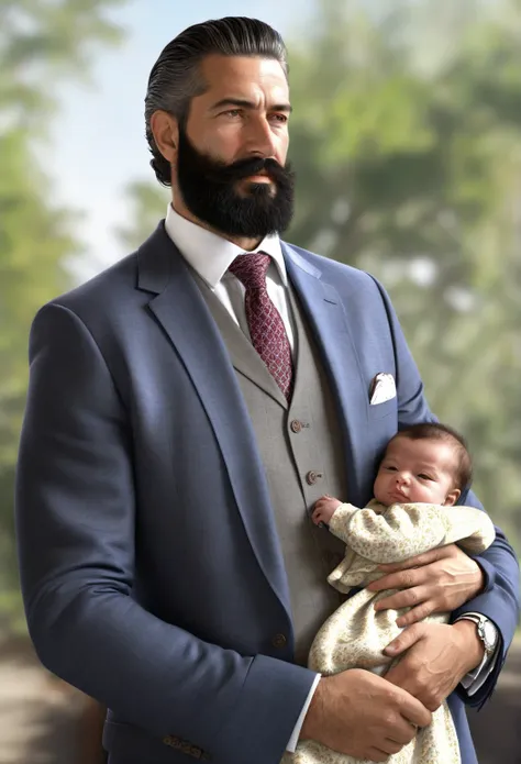 (photorealism:1.2), (obra maestra), la mejor calidad, plano medio, Imagen complet Here is the image of César in a suit and beard, lovingly holding his baby. Let me know if you want any adjustments!
