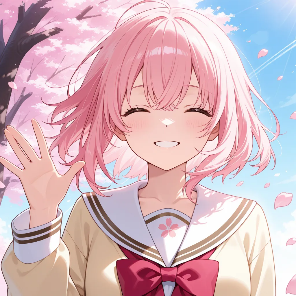 A girl waving her hand energetically while basking in the spring morning sun. Cherry blossom petals fluttering in the air, she says "Good morning!" with a refreshing smile.