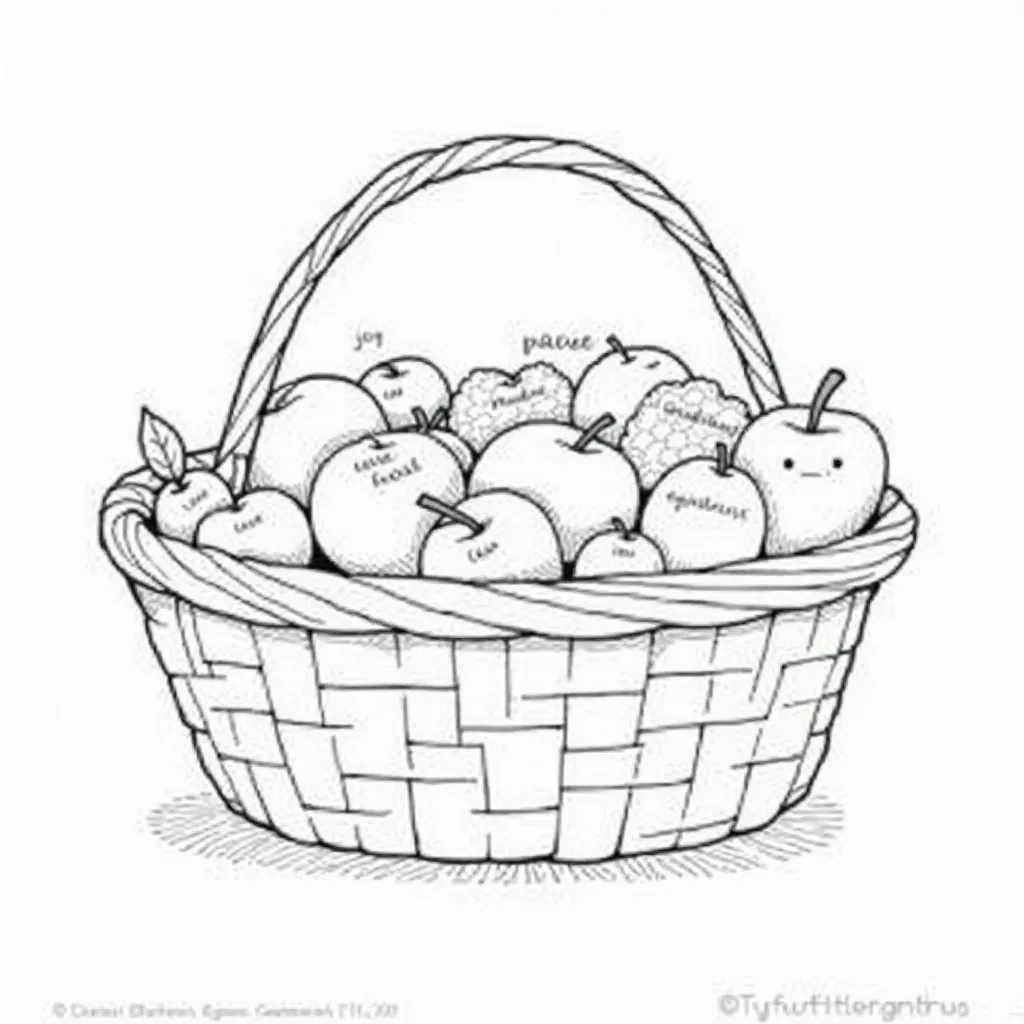 "Design a fun and engaging black-and-white outlined coloring page featuring the 'Fruit of the Spirit' (Galatians 5:22-23). Draw a cute fruit basket with each fruit labeled with a virtue: Love, Joy, Peace, Patience, Kindness, Goodness, Faithfulness, Gentlen...