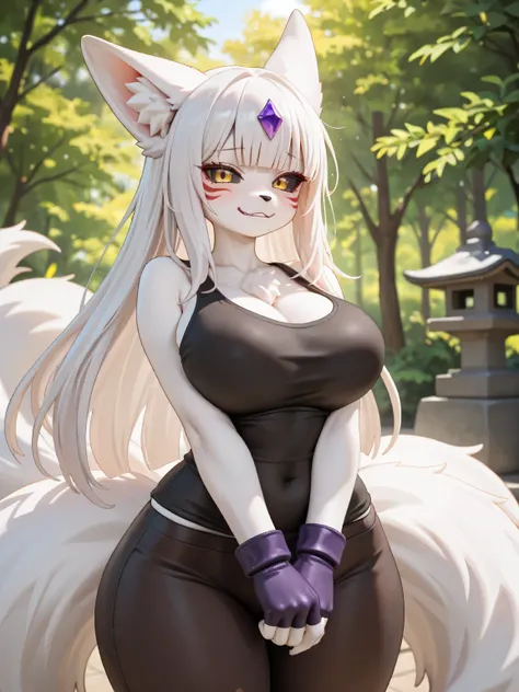 Long Tails, nine tails, white straight Hair, white skin, white fur, bangs, golden eyes, black sclera, red face tattoos, white bangs, red face markings, furry, anthro, detailed,, furry, anime, toony furry face, black nose, fluffy, cute face, detailed face, ...