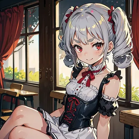 Young girl with gray hair, ((curly and fringed hair)),((short curly pigtails)), curly hair ,(red eyes),((small bushy eyebrows)), wearing gothic lolita clothing, lolitagotic decorative arm sleeves, corset with red threads, maid pleated skirt. , bare shoulde...