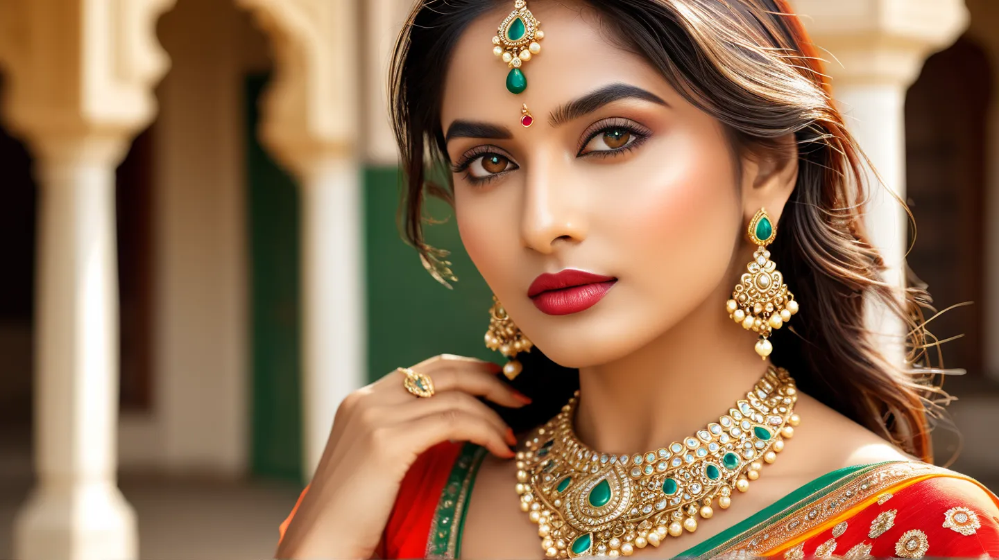 Raw photo,Masterpiece, high quality, best quality, authentic, super detail, 
modeling, jewelry, lady, glamour, 
India, indian girl, 
Outside, outdoor, studio style modern
, (daylight:1.2), vivid colour, (realistic:1.2),