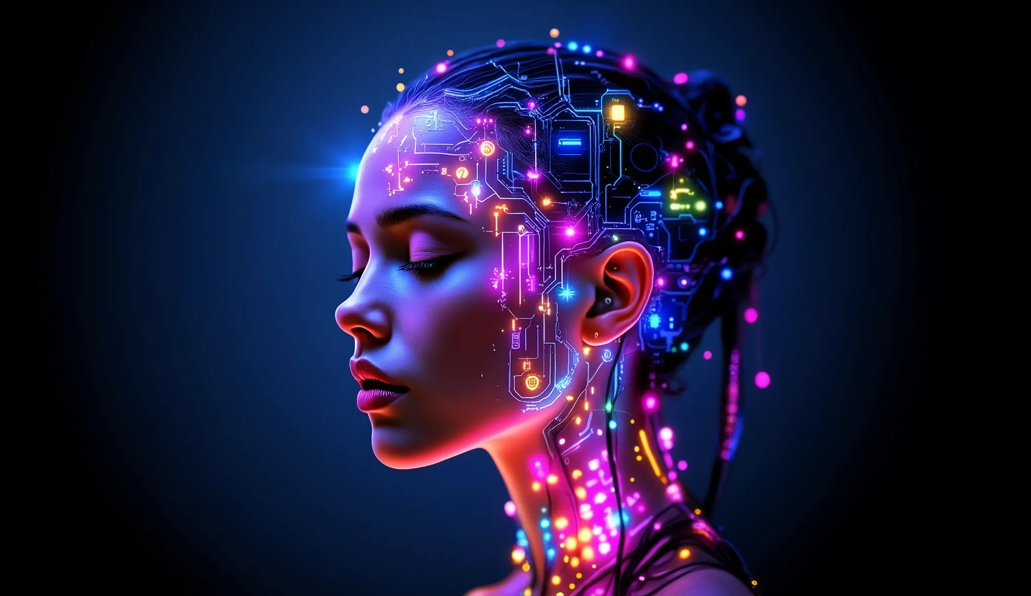 A young woman, likely of mixed ethnicity, with a slender build, is depicted in profile view. Her head and upper torso are the central focus. Her eyes are closed and she appears serene. A complex network of bright, intricate, colorful electronic circuits (m...