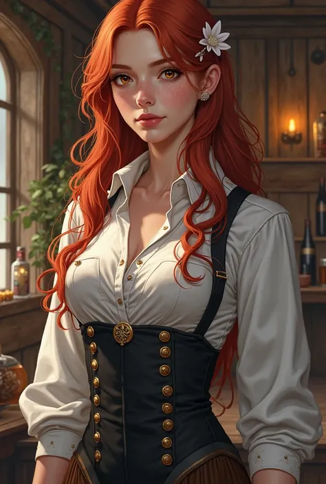 An impressive illustration , High quality and ultra-high resolution of a young lady, in his 30s, shorty, with white skin like porcelain accented by subtle freckles on her delicate face adorned with long red hair, , wavy and seductive who cascade down her b...