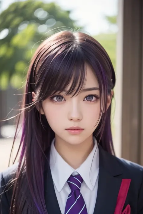 2D, masterpiece,  top quality, Anime,  very detailed,  One Girl , Alone, Yuri,  purple eyes,  purple hair,   hair between eyes ,  hair clip,  school uniform, Yandere face