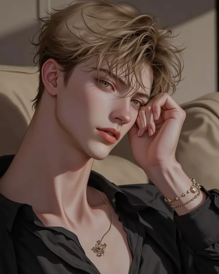 "A steamy anime-style scene in a cozy living room at night, first-person POV of a woman straddling a handsome man lying on a sofa. The man has short, wavy light-brown hair wet with sweat, deep grey eyes with long thick lashes, sharp sensual features, broad...