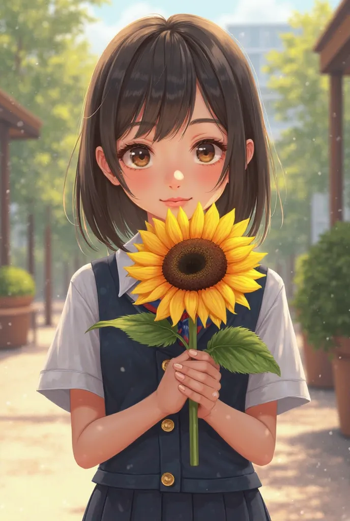 A 15-year-old girl is holding a sunflower in a school uniform