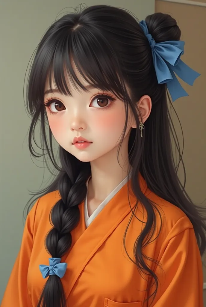 Photo of girl wearing a orange shirt have long blcak braid hair with blue bow ribbon on the hair assian girl