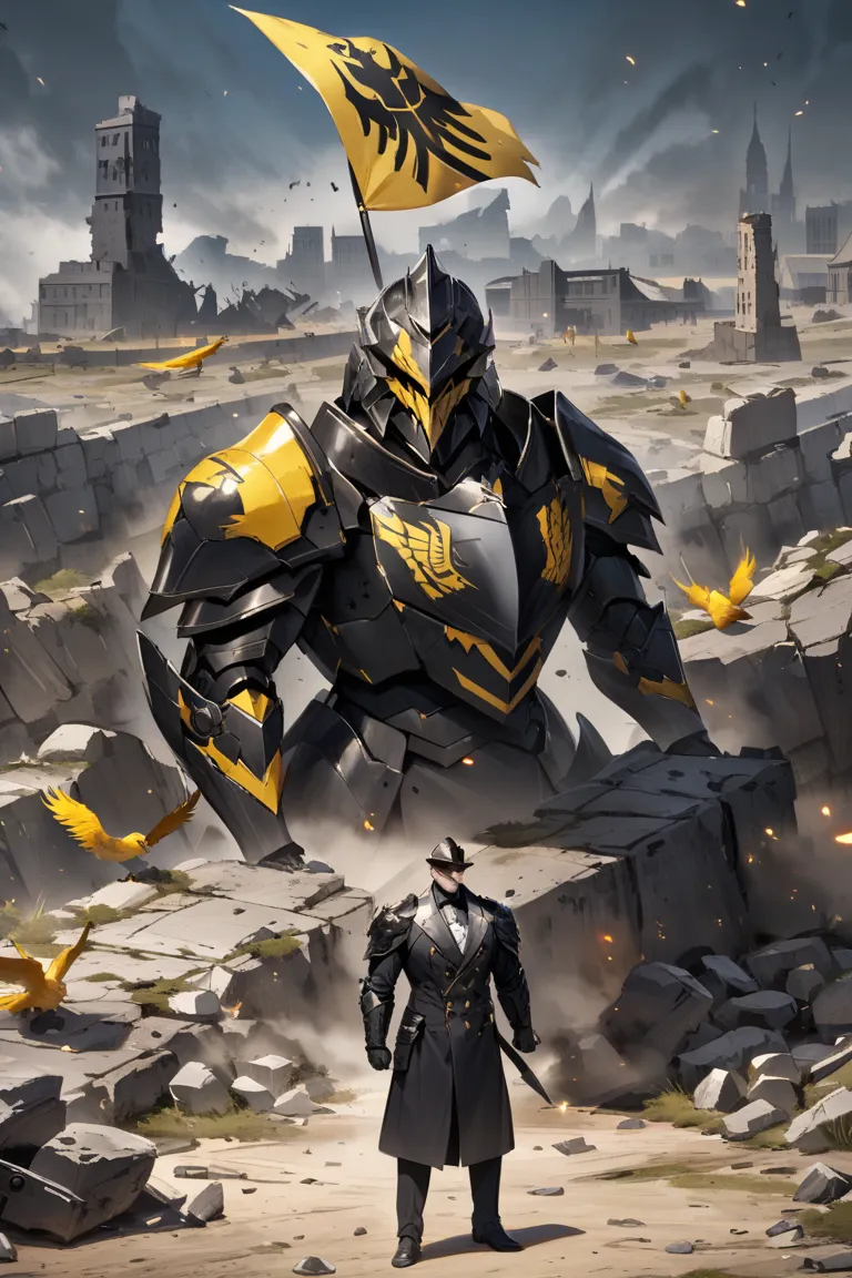 Knight in black armor, wearing a banner with a black imperial eagle and yellow beak in its design, The gentleman is walking on the plateau where there is a destroyed town and debris