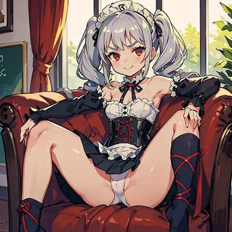 Young girl with gray hair, ((curly and fringed hair)),((short curly pigtails)), curly hair ,(red eyes),((small bushy eyebrows)), wearing gothic lolita clothing, wide lolitagotic decorative arm sleeves, corset with red threads, maid pleated skirt. , bare sh...