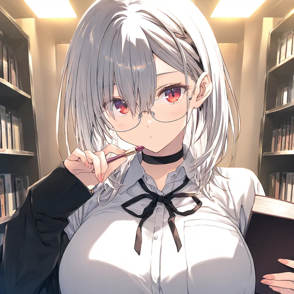 Solo,1girl, big breasts, ager, Long bang between eyes, Bang at Chin, beautiful, girl, cute glasses, Very long bang between eyes, medium hair, White hair, red eyes, atudent uniform, Black choker, Black ribbons, Holding books, Nerd, Cute, Thoughtful (artist:...