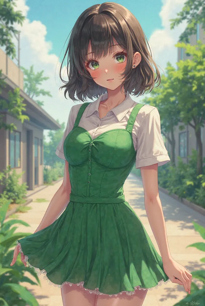 Schoolgirl wearing a green miniseshell dress 600cc