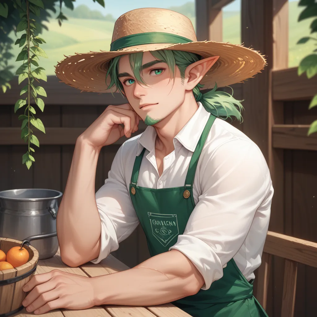 An adult elf, he has fair skin, not brown, and is well-groomed, with no visible scars or illnesses, his eyes are a deep shade of blue, and he has long tea-green hair tied in a low, fluffy ponytail, with shorter strands framing his face, he has a tall, well...