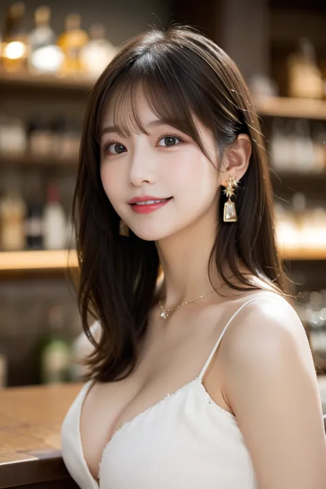 Stylish bar, Top Quality, shape, very good detailed, details, High Resolution,  8k Wallpaper, perfect dynamic composition, beautiful details,   natural lips , セクシーな透ける下着 Tバック earring, ring, necklaces,  BIG BREAST on SNS, Chest,  She's smiling in a cute pos...