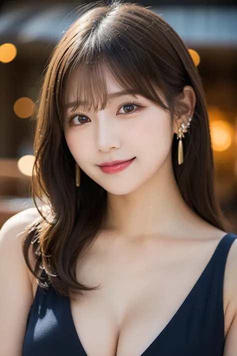 Stylish bar, Top Quality, shape, very good detailed, details, High Resolution,  8k Wallpaper, perfect dynamic composition, beautiful details,   natural lips , セクシーな透ける下着 Tバック earring, ring, necklaces,  BIG BREAST on SNS, Chest,  She's smiling in a cute pos...