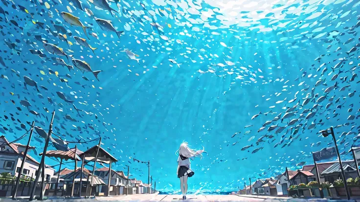 Beautiful Scenery、 in the sea、Town、Fish and Coexistence、School of fish、little silver-haired girl、Distant View