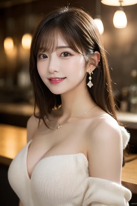 Stylish bar, Top Quality, shape, very good detailed, details, High Resolution,  8k Wallpaper, perfect dynamic composition, beautiful details,   natural lips , セクシーな透ける下着 Tバック earring, ring, necklaces,  BIG BREAST on SNS, Chest,  She's smiling in a cute pos...