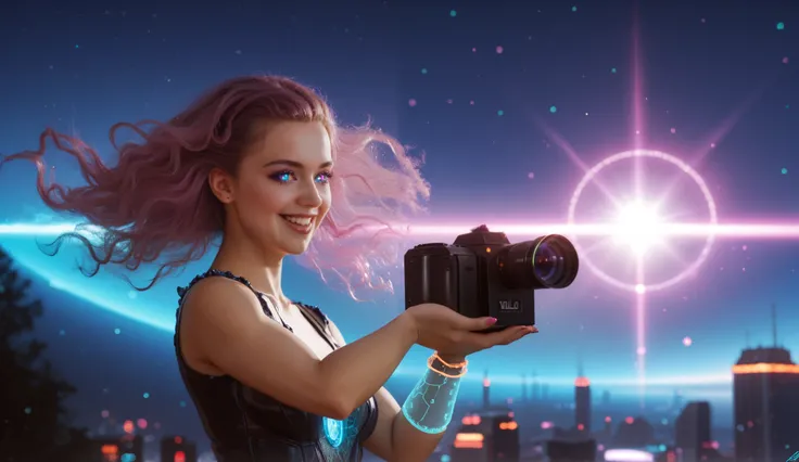 princesinha linda masterpiece, best quality,  super detailed , high definition, HDR,  fantasy science fiction ,  depth , fine texture,  full concentration ,  A cute young woman riding a futuristic camera angle ,  bike shining through a vibrant glow , cyber...