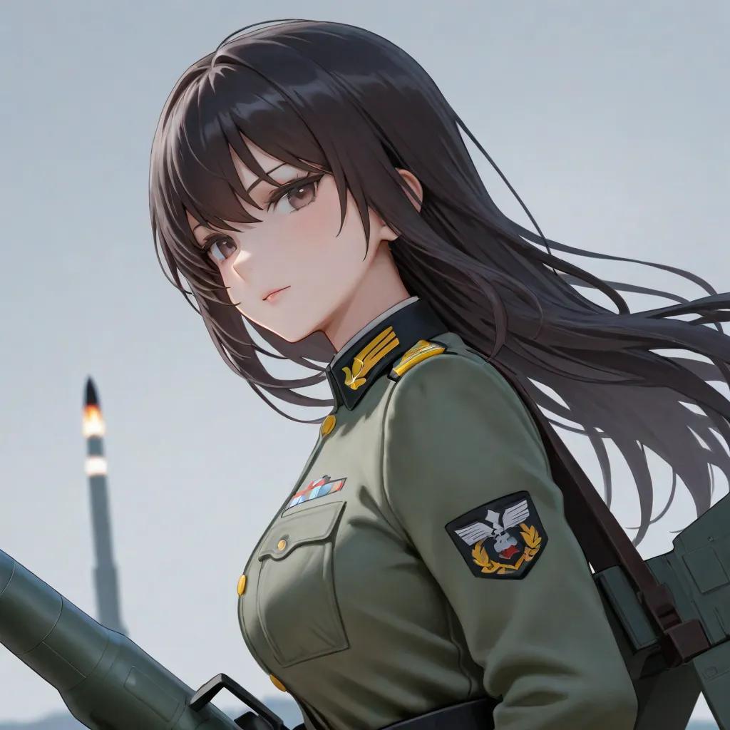 A woman with long dark hair and a bright face wearing a military uniform carrying a missile with fighter wings on her back