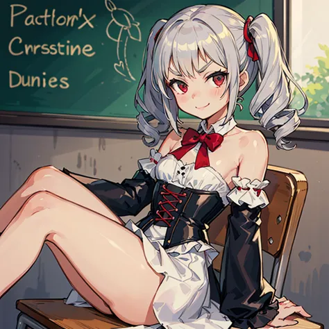 Young girl with gray hair, ((curly and fringed hair)),((short curly pigtails)), curly hair ,(red eyes),((small bushy eyebrows)), wearing gothic lolita clothing, wide lolitagotic decorative arm sleeves, corset with red threads, maid pleated skirt. , bare sh...