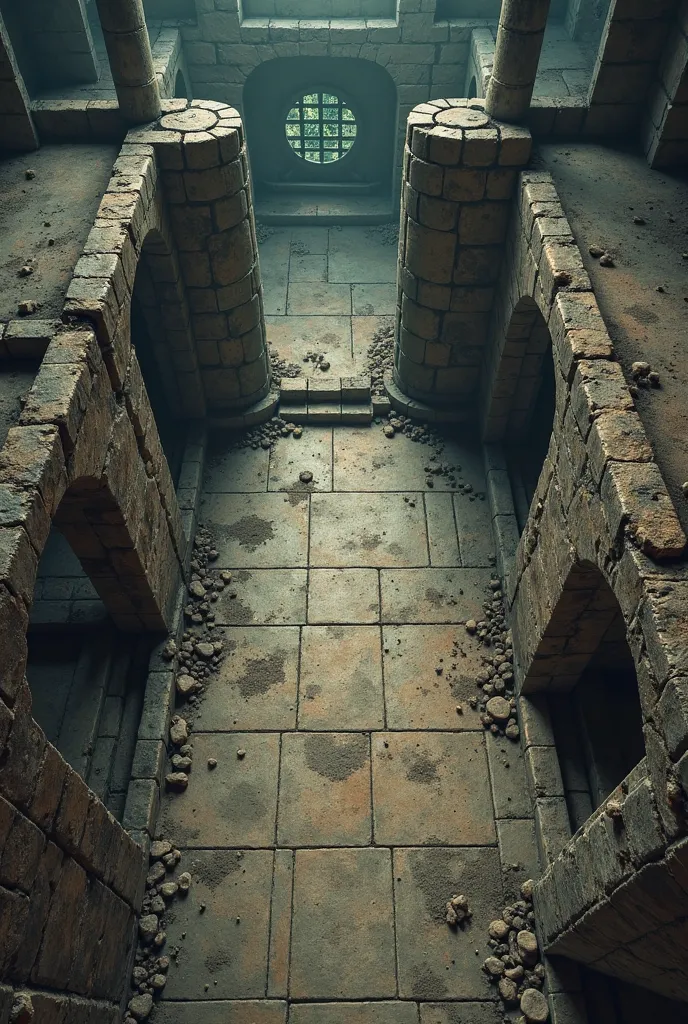 I need a tabletop RPG scenario, like a dungeon seen from above(like an aerial view), it must have corridors and rooms, There must be things on the floor,  like dirt , stones, bones, and it needs to look abandoned. It has to be literally from above