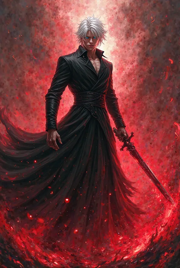 Create male character figure, white hair, blue eyes, symmetrical body, wearing black dress, holding big sword, red fire anime