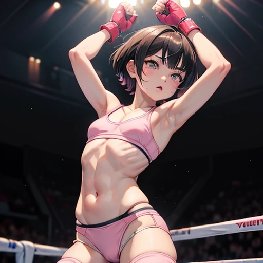 She is (((gut-punching))) and (((bravely yelping))). a  cute Japanese (((girl fighter))) is fighting in the octagon fighting ring of underground arena with audience. She flaunts her prized shaped body to the audience. Short-cut black hair, erect, pink nipp...