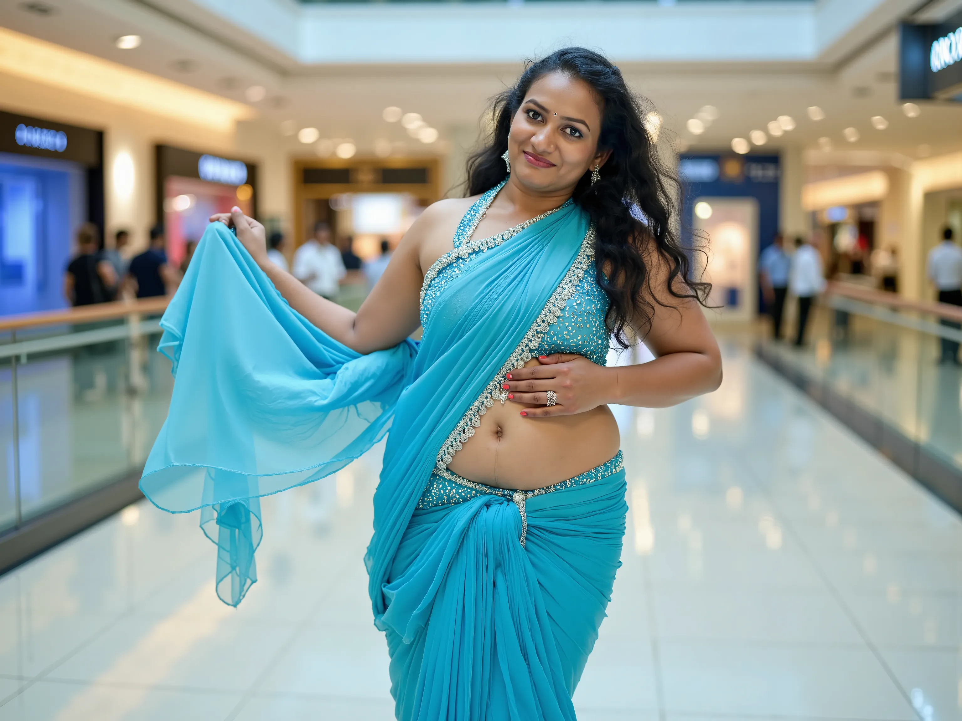 A curvy Tamil beauty stands elegantly under the bright white lights of a bustling Chennai mall, her body draped in a shimmering sky-blue chiffon saree, its sheer fabric adorned with delicate sequin embellishments that glisten under the artificial glow. The...