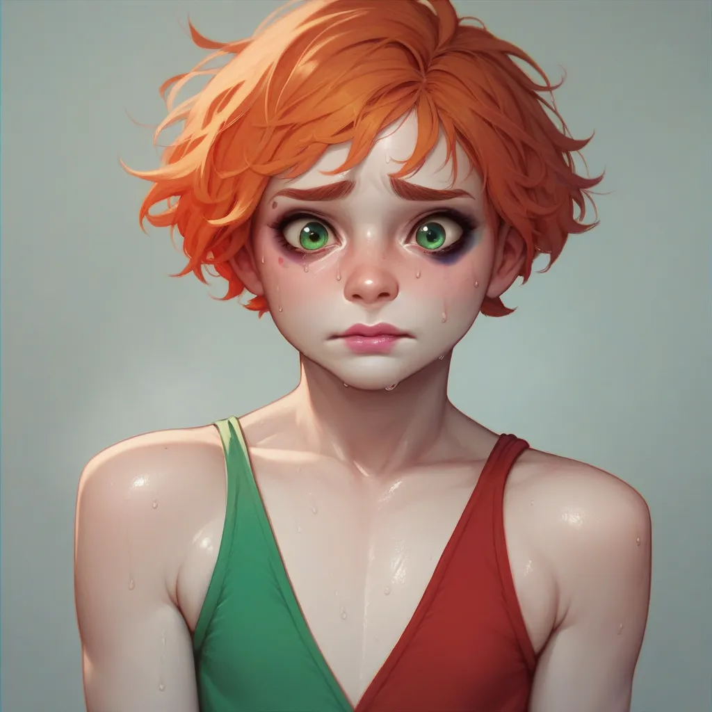  Ginger short hair, wearing jester clothes, nervous expression, pink lips, white skin, flat chest, big ass, green eyes, sweaty