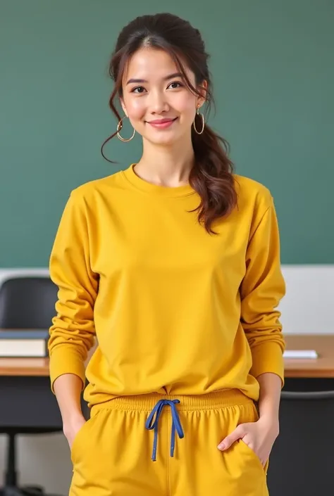 The work teacher is a woman wearing a yellow shirt, sweatpants, tied half her hair.