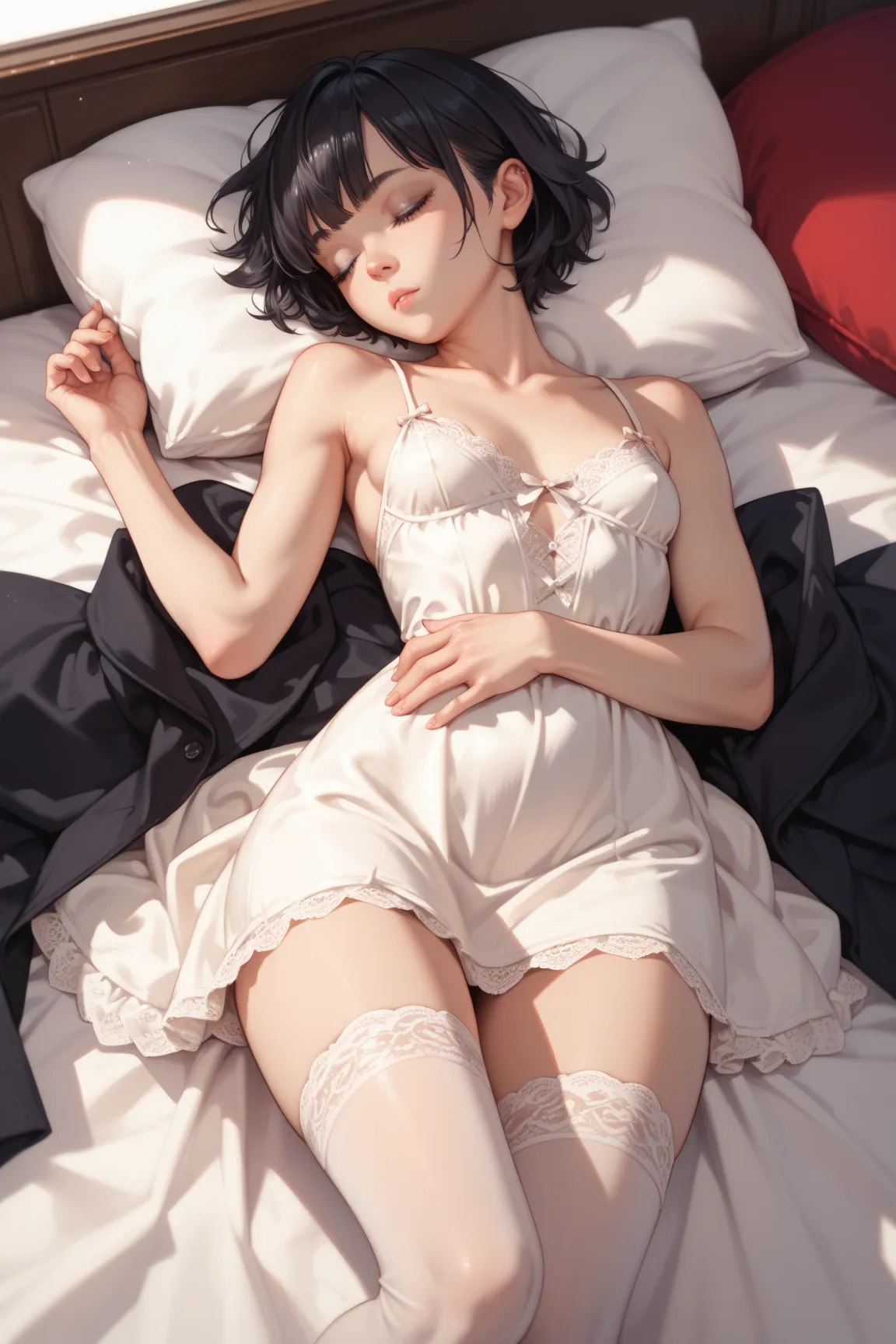 Skinny Girl ,  Black hair ,  short hair,  grey eyes,  small breasts ,  wide hips, dress, stockings, sleeping