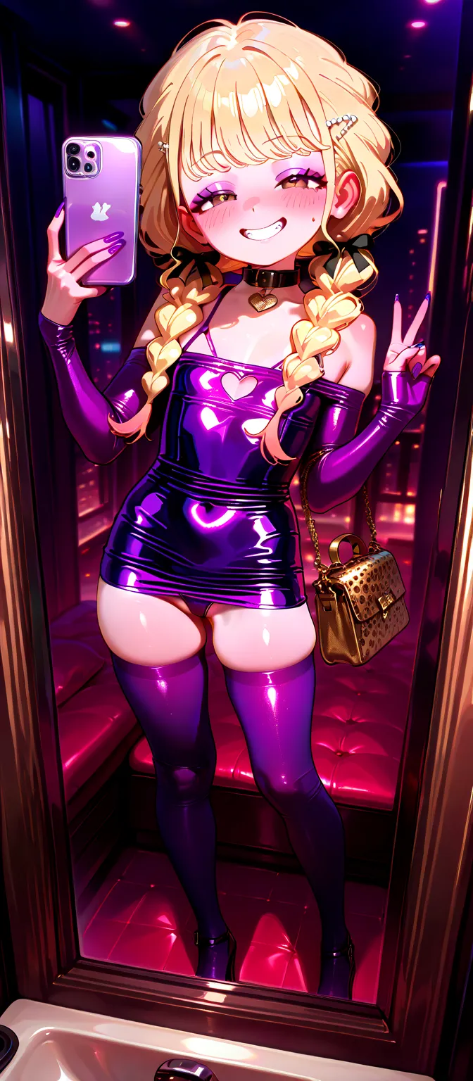 Masterpiece, Loli, Slutty lolita, kotone-default, fujita kotone,brown eyes, blonde hair, twin braids, hair ornament, (white hairclip:0.8), blush, front of the mirror, selfie, makeup, purple eyeshadow, purple lipstick, naughty smile, slutty_clothes, bodycon...