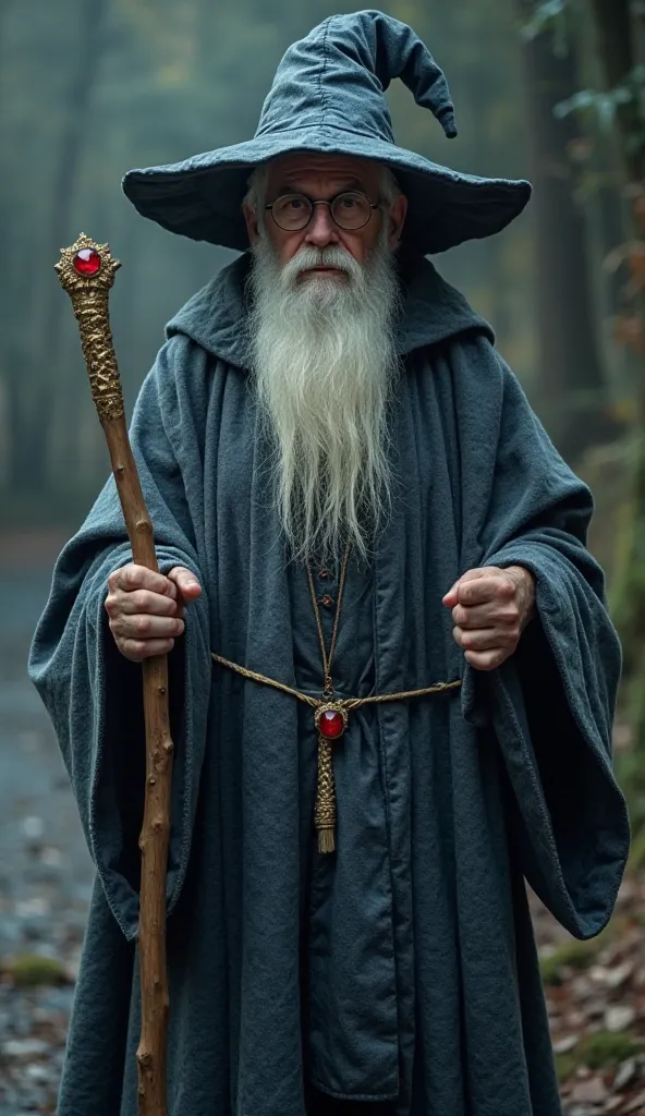 A wizard with a cloak in shades of gray and blue, Harry Potter style wizard hat long crumpled, glasses,  short beard , short hair, 60 years, round face,  leather boots, golden wooden staff with a red emerald on the tip



High resolution, anatomically corr...