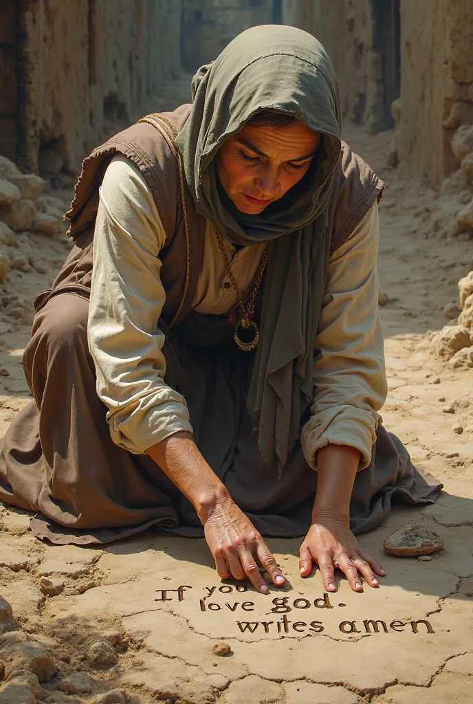 A peasant woman writing on the ground if you love God writes amen