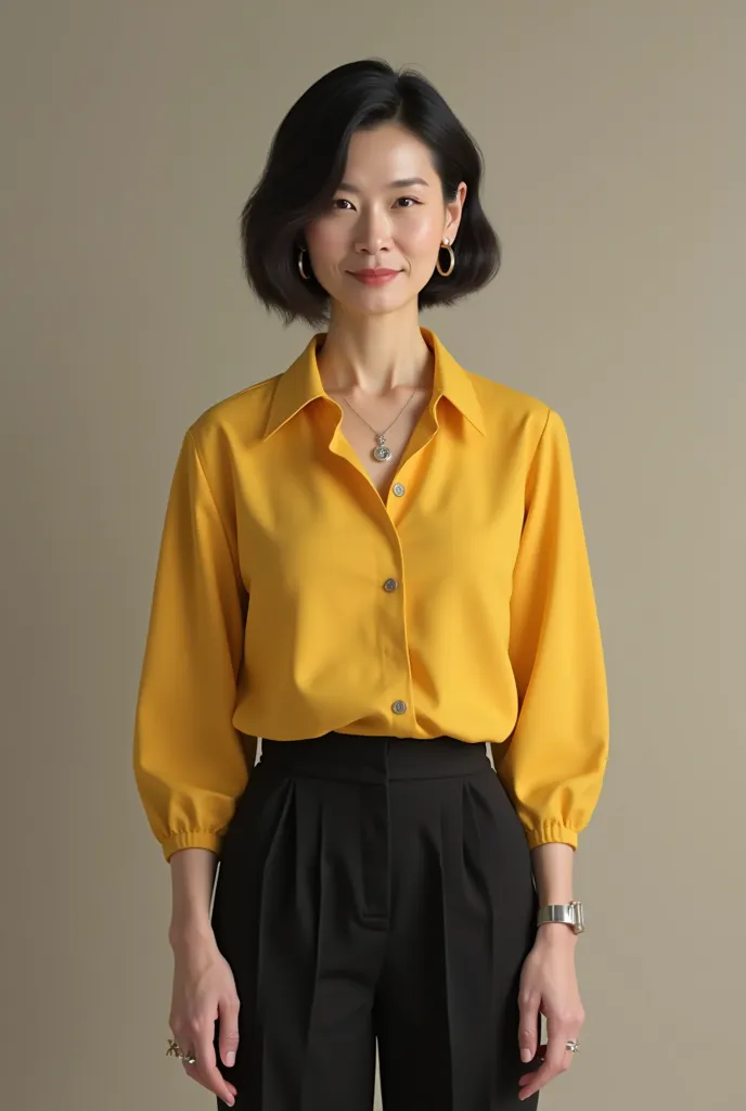 Yellow blouse, short hair, black hair, white, black pants, women
Thai over 50