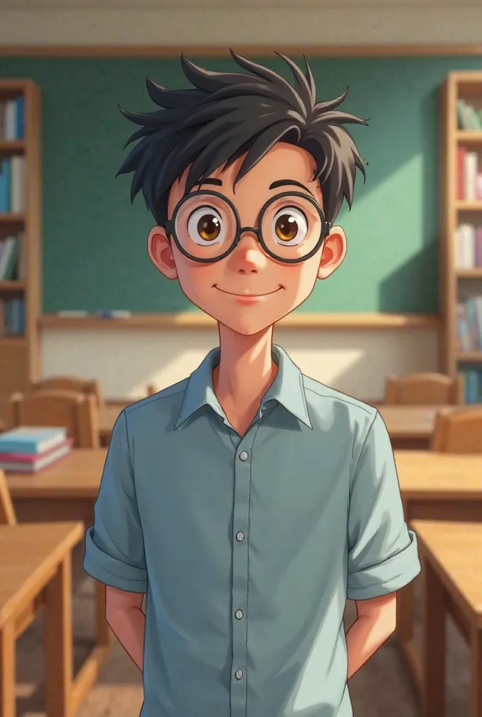 A young teacher who looks like Nobita from Doraemon, wears glasses, has a sly smile, and wears a blue shirt in a realistic version 