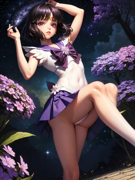 (masterpiece, Top Quality: 1.2), alone, 1 girl,  Sailor Saturn, Magical Girl, shut up,  watch the audience, Put your hands on your lower back,  sailor warrior uniform, pleated skirt,  elbow bag,  jewelry, ((( Blog)),  color, purple eyes,  cosmic background...