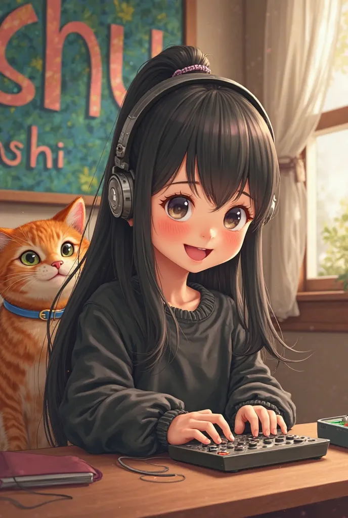 A girl is playing a corny game with black hair, black hair, black pullover, hair tie, and headphones. She has an orange blonde cat wearing a blue collar and behind her is a painting written Hoshi 