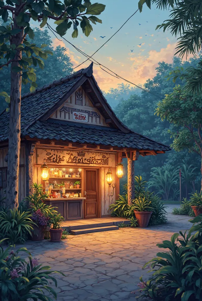 

Panel 1 – Kampung Serenity:  
*"A tranquil Malaysian kampung at dusk featuring a quaint traditional kuih shop with warm lantern light, delicate Malay motifs on the building, soft pastel skies, and a gentle glow, in a square panel."*