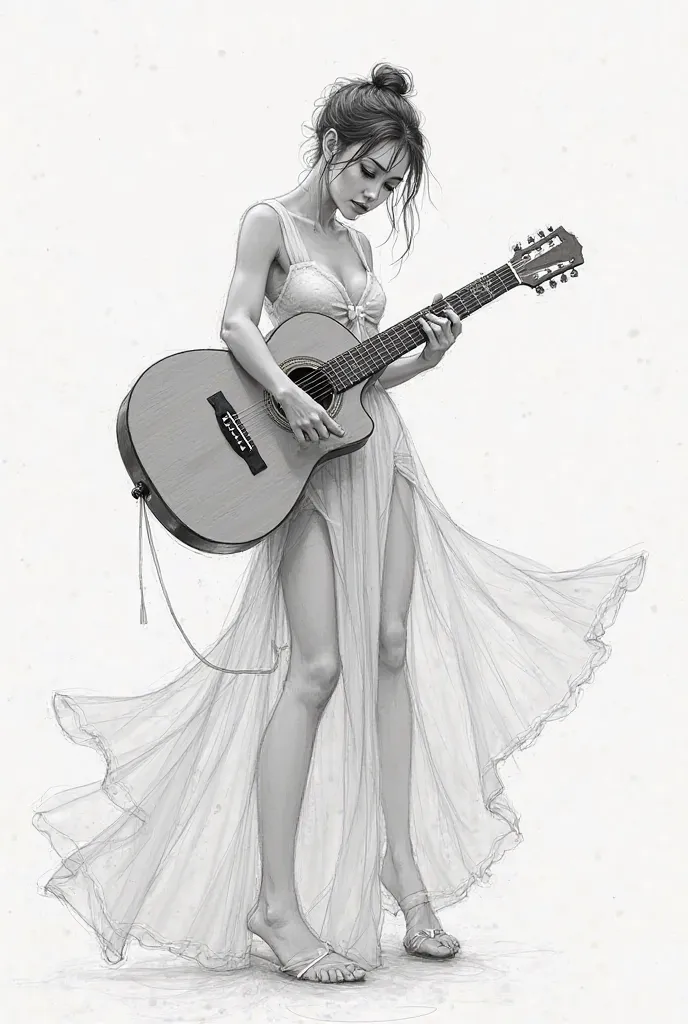 Create a sketch of a woman with her guitar body posing half sideways 