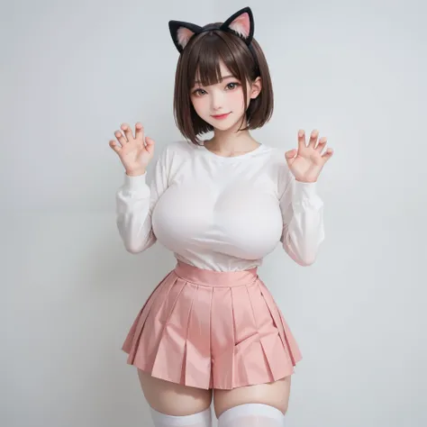1girl, japanese, solo, short brown hair, bob cut, blunt bangs, brown eyes, gigantic breasts, narrow waist, wide hips, thick thighs, white long sleeves t-shirt, cleavage, pink pleated skirt, white thigh high socks, fake cat ears, blushed, smile, cute, paws ...