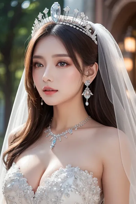 (Masterpiece,  top quality: 1.4),  detailed background, White Crystal,  Crystal Clusters , long hair,  jewelry,  earrings,  necklace,  crown, bride, Gray Hair, halo,