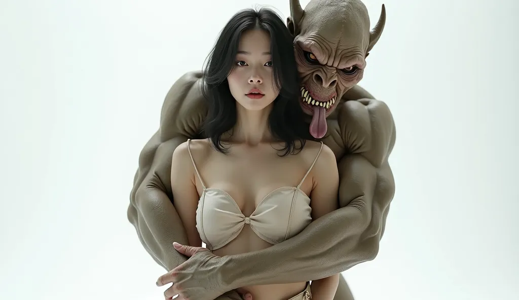 White background, Beautiful asian  woman standing nude with nuisance face back a muscular goblin hugging her with serious look with big fangs open mouth with a long tongue 