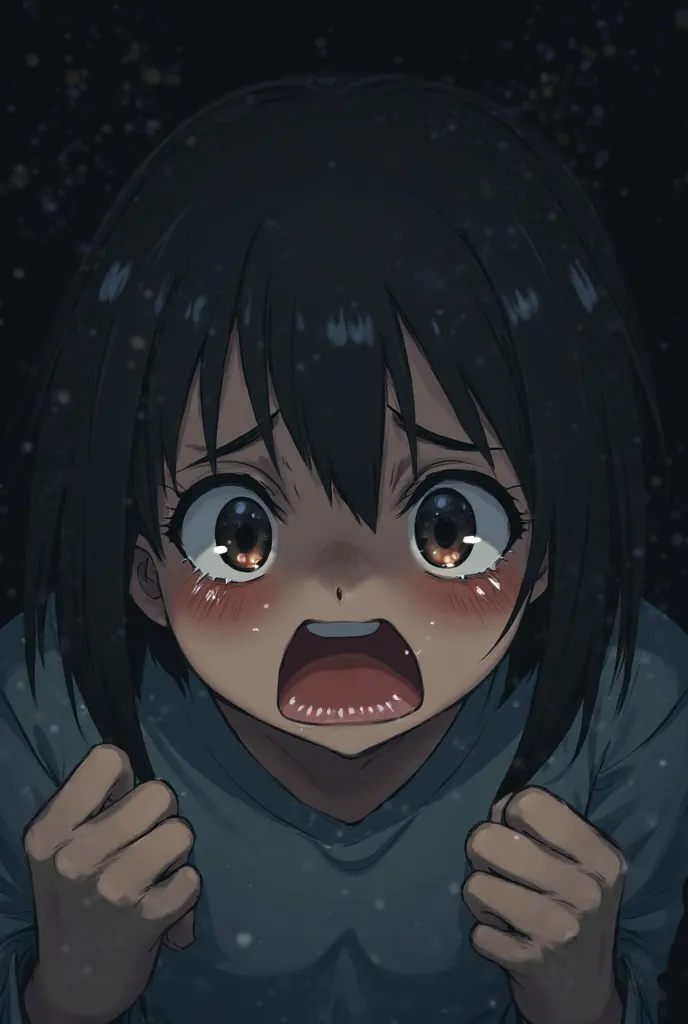 An anime character crying from fear