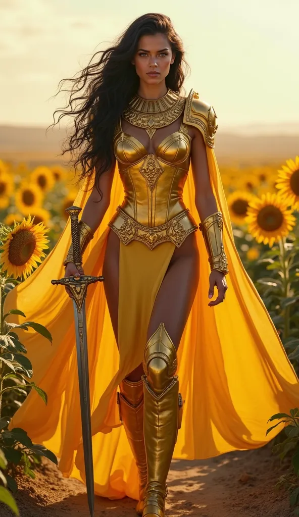 A stunning warrior woman with a model-like physique, long, voluminous dark black power hair, and mesmerizing honey-colored eyes. She wears a radiant golden armor with intricate yellow details, a flowing yellow cape, and high-heeled yellow boots with gold a...