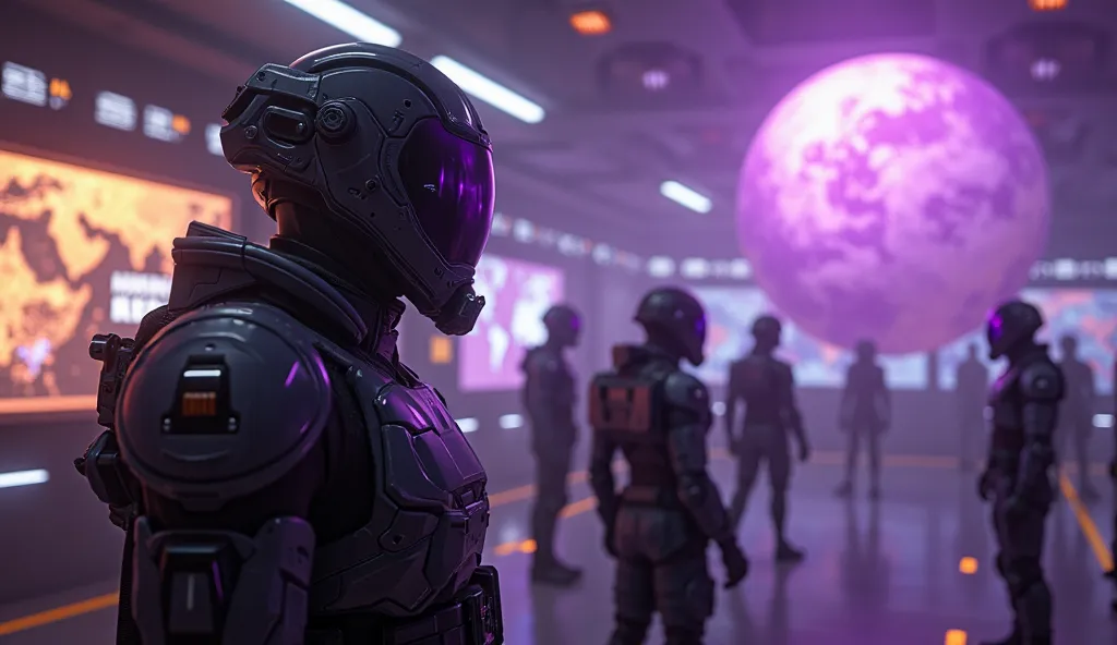 Create a 8K quality cinematic image rendered in the style of Unreal Engine 5, focusing on the main character in dark sci-fi suits with fully enclosed helmets using a high-tech communication device to contact another planet. The scene should be captured wit...