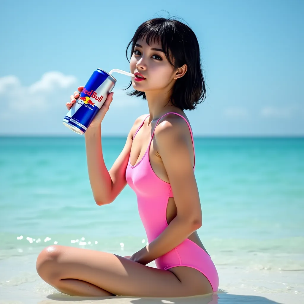 Create a high-resolution, hyper realistic low angle full-body long shot bird’s eye side view portrait, a typical 22 years old Hong Kong young female short hair looking at the viewer and drinking a can of Red Bull with straw. She is in pink swimsuit kneelin...